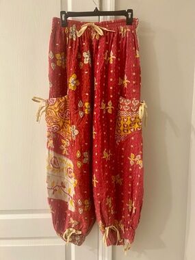 Red and Pink Floral Boho Kantha Jogger Pants